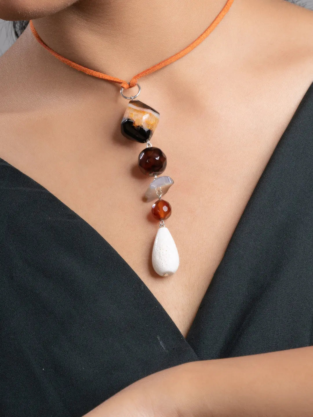 Brown Black White Onyx Agate Lava Sleek Necklace With Adjustable Suede Cord LOOK AND ADORN - designed for you