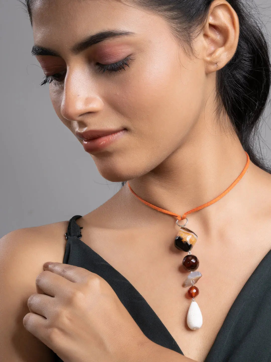 Brown Black White Onyx Agate Lava Sleek Necklace With Adjustable Suede Cord LOOK AND ADORN - designed for you