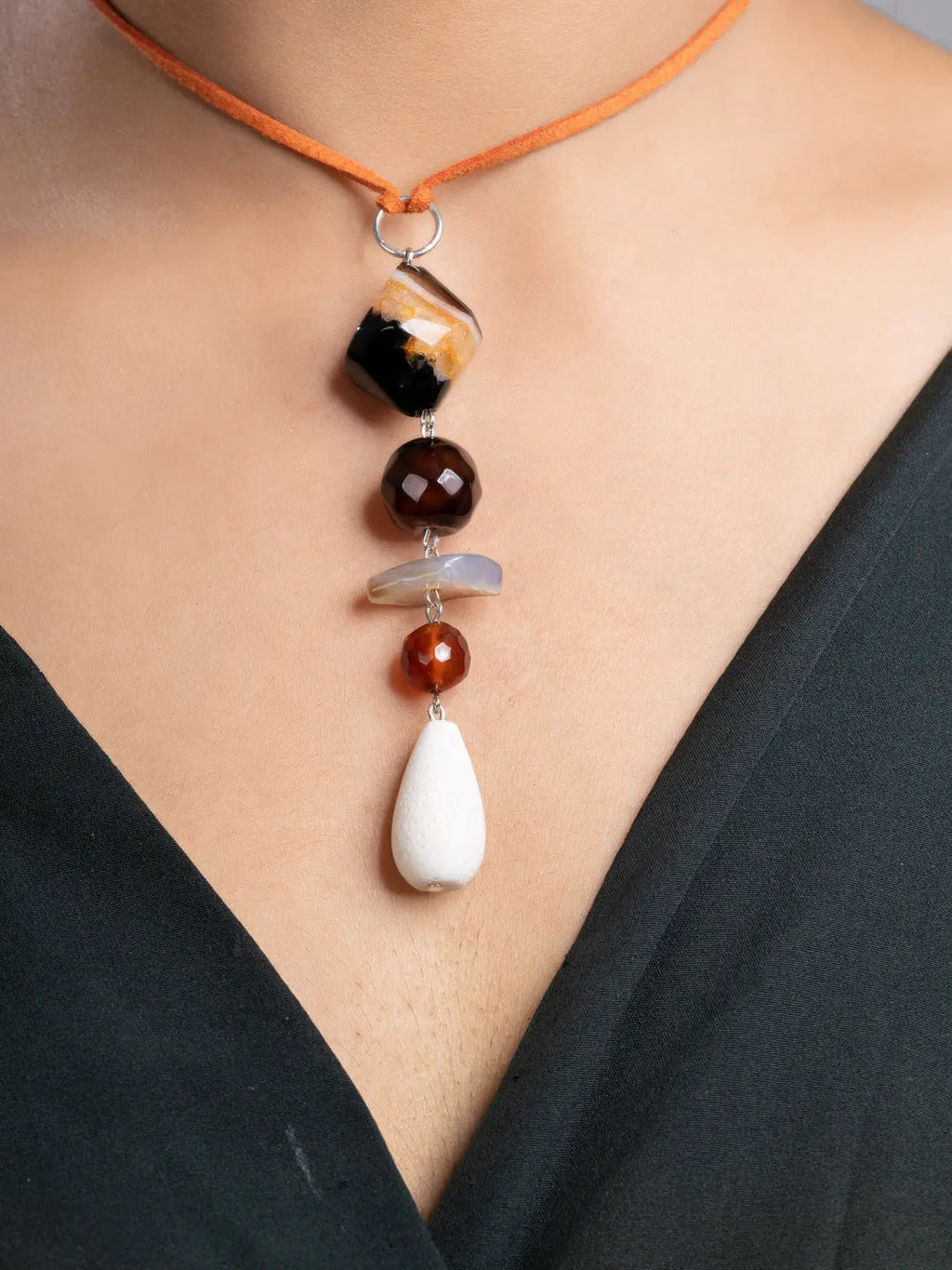 Brown Black White Onyx Agate Lava Sleek Necklace With Adjustable Suede Cord LOOK AND ADORN - designed for you