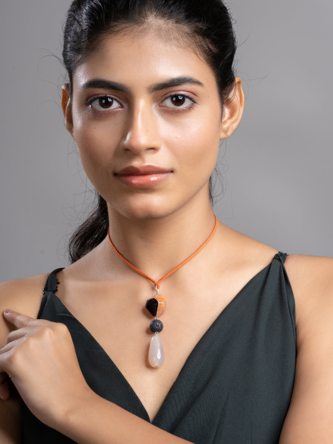 Brown Black Onyx Agate Lava Sleek Necklace With Adjustable Suede Cord