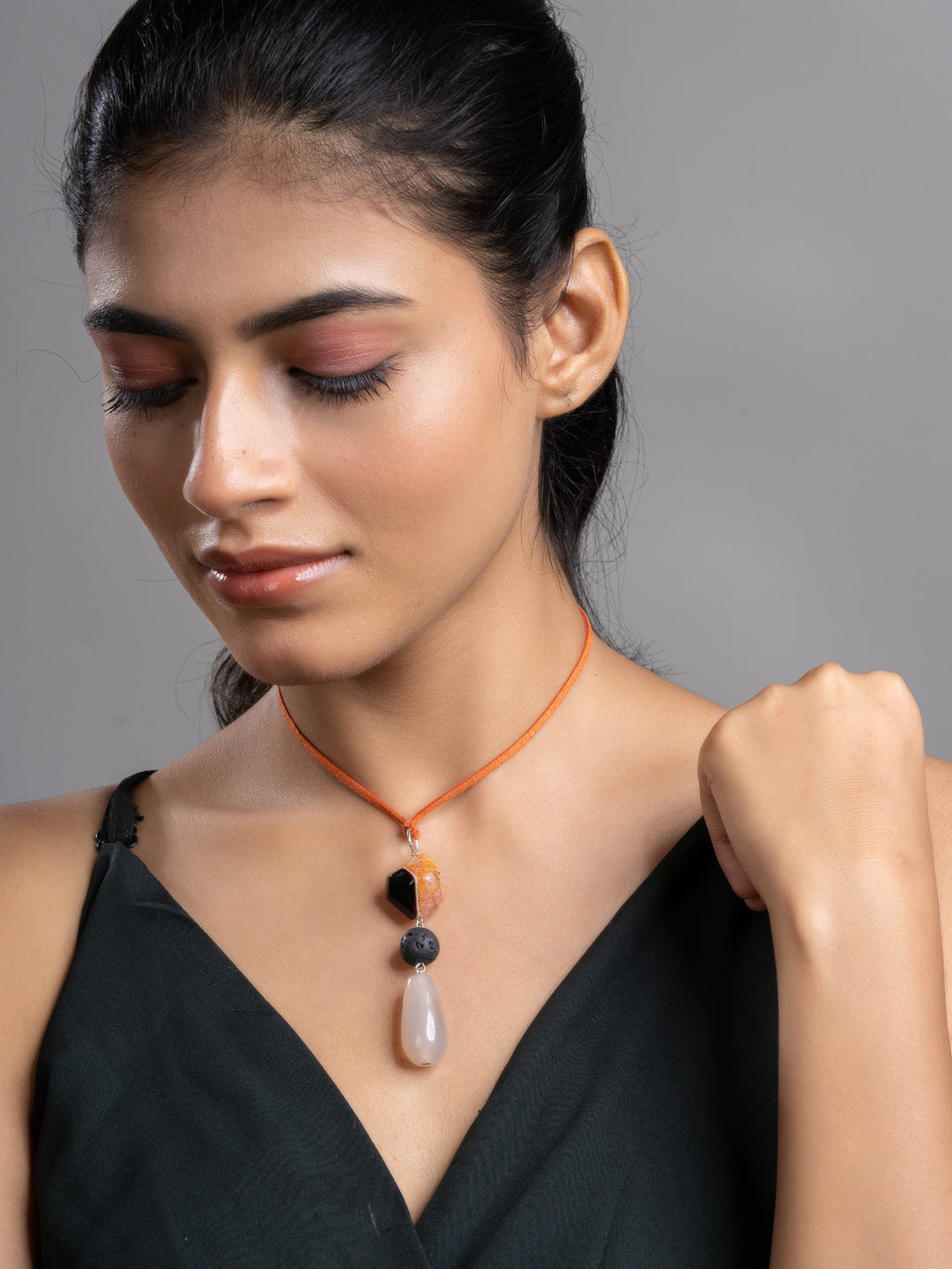 Brown Black Onyx Agate Lava Sleek Necklace With Adjustable Suede Cord