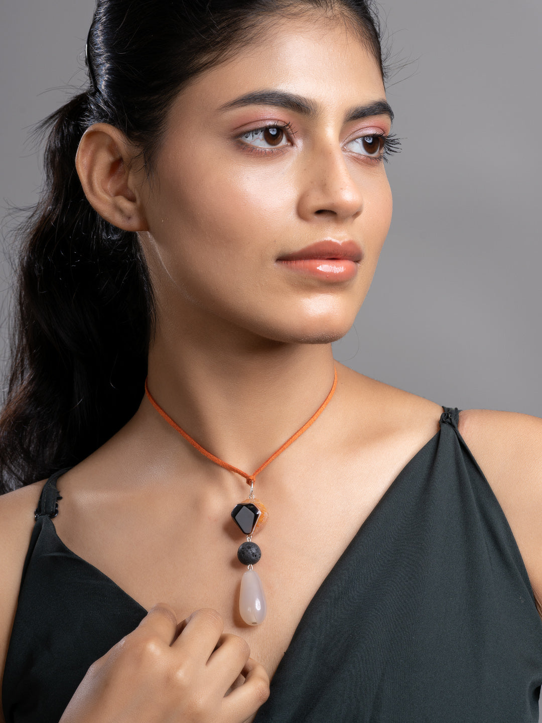 Brown Black Onyx Agate Lava Sleek Necklace With Adjustable Suede Cord