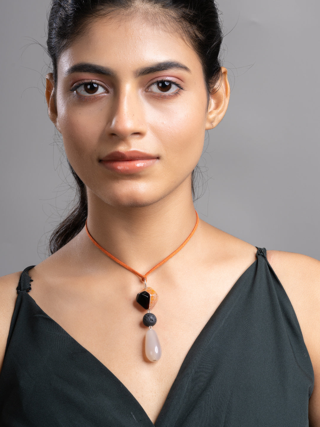 Brown Black Onyx Agate Lava Sleek Necklace With Adjustable Suede Cord