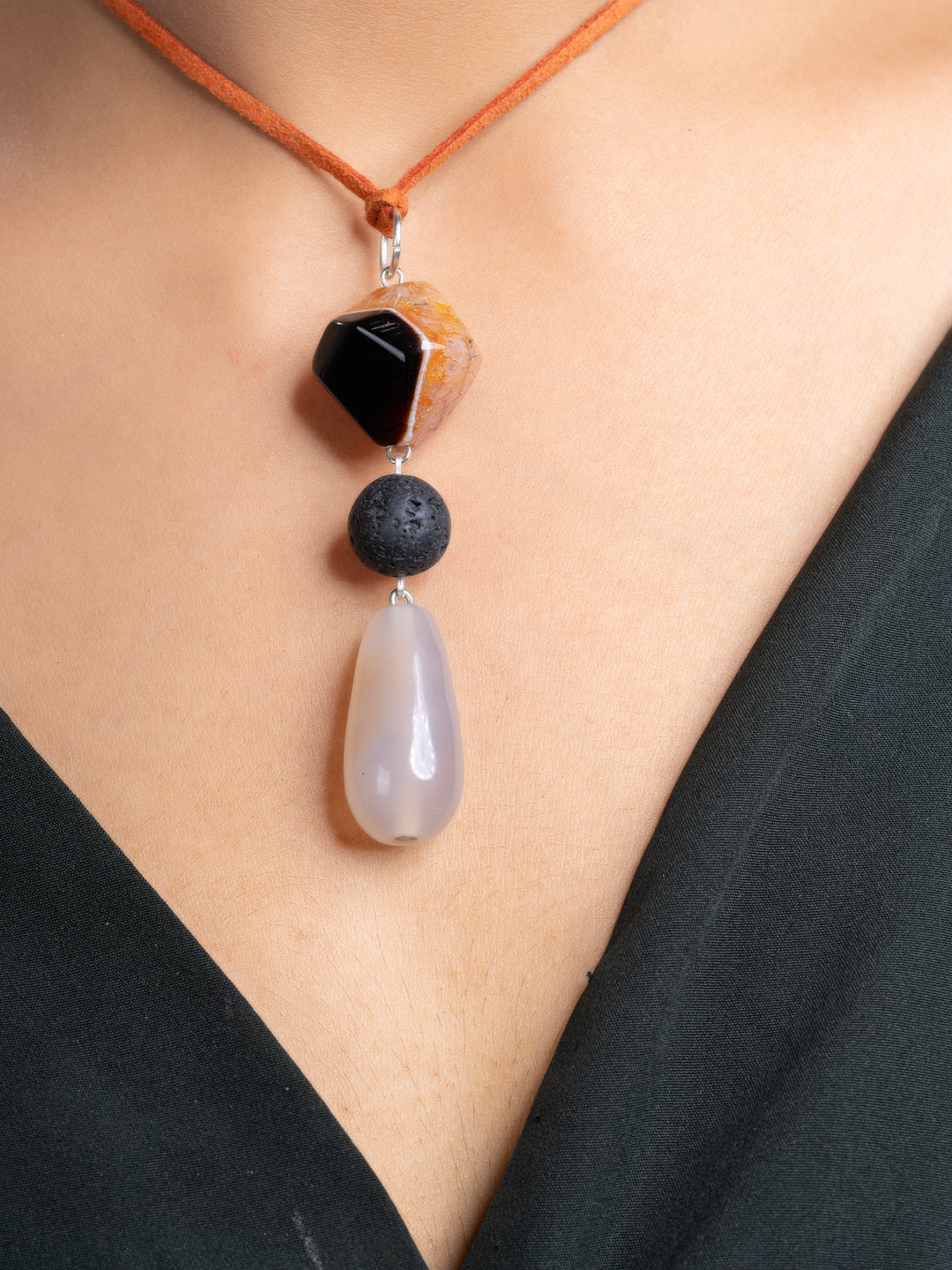 Brown Black Onyx Agate Lava Sleek Necklace With Adjustable Suede Cord