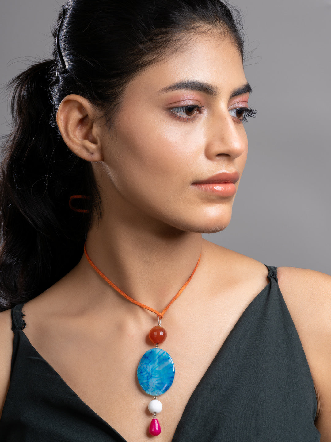 Pink Blue Brown Druzy Onyx Agate  Sleek Necklace With Adjustable Suede Cord