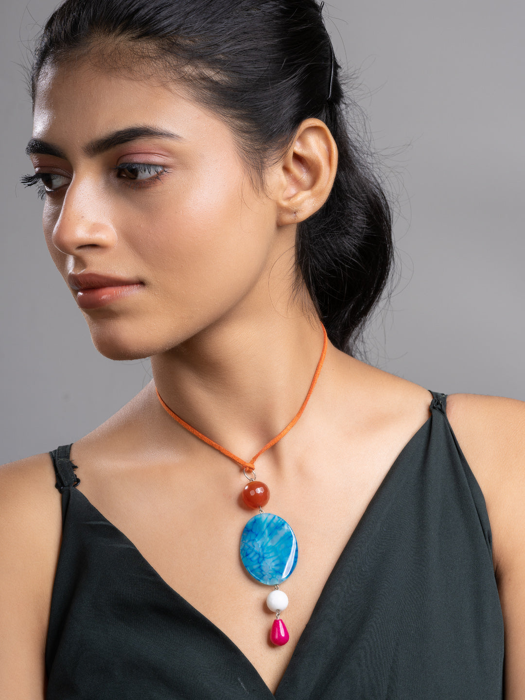 Pink Blue Brown Druzy Onyx Agate  Sleek Necklace With Adjustable Suede Cord