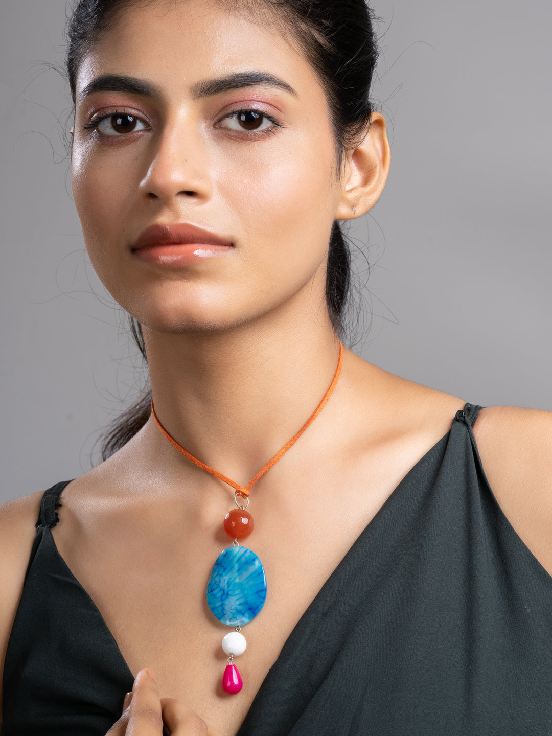 Pink Blue Brown Druzy Onyx Agate  Sleek Necklace With Adjustable Suede Cord