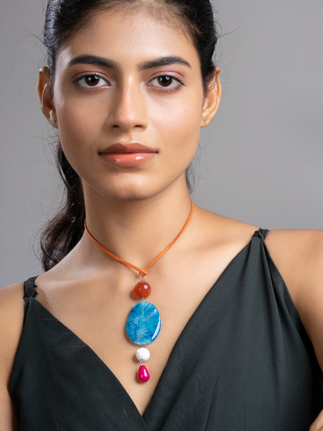 Pink Blue Brown Druzy Onyx Agate  Sleek Necklace With Adjustable Suede Cord