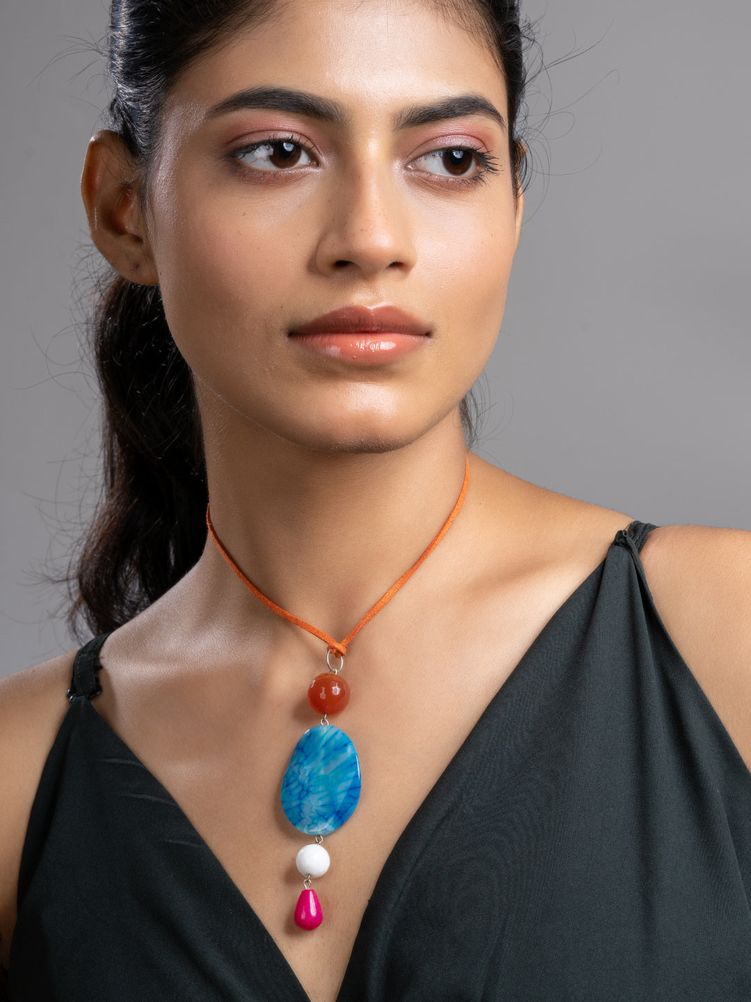 Pink Blue Brown Druzy Onyx Agate  Sleek Necklace With Adjustable Suede Cord LOOK AND ADORN - designed for you