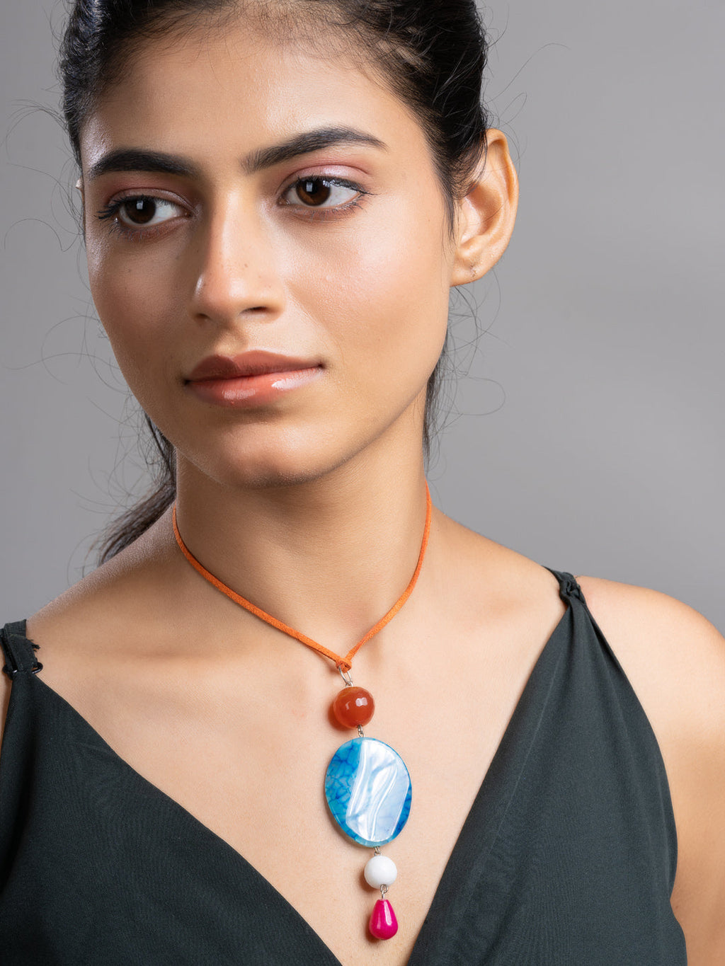 Pink Blue Brown Druzy Onyx Agate  Sleek Necklace With Adjustable Suede Cord LOOK AND ADORN - designed for you