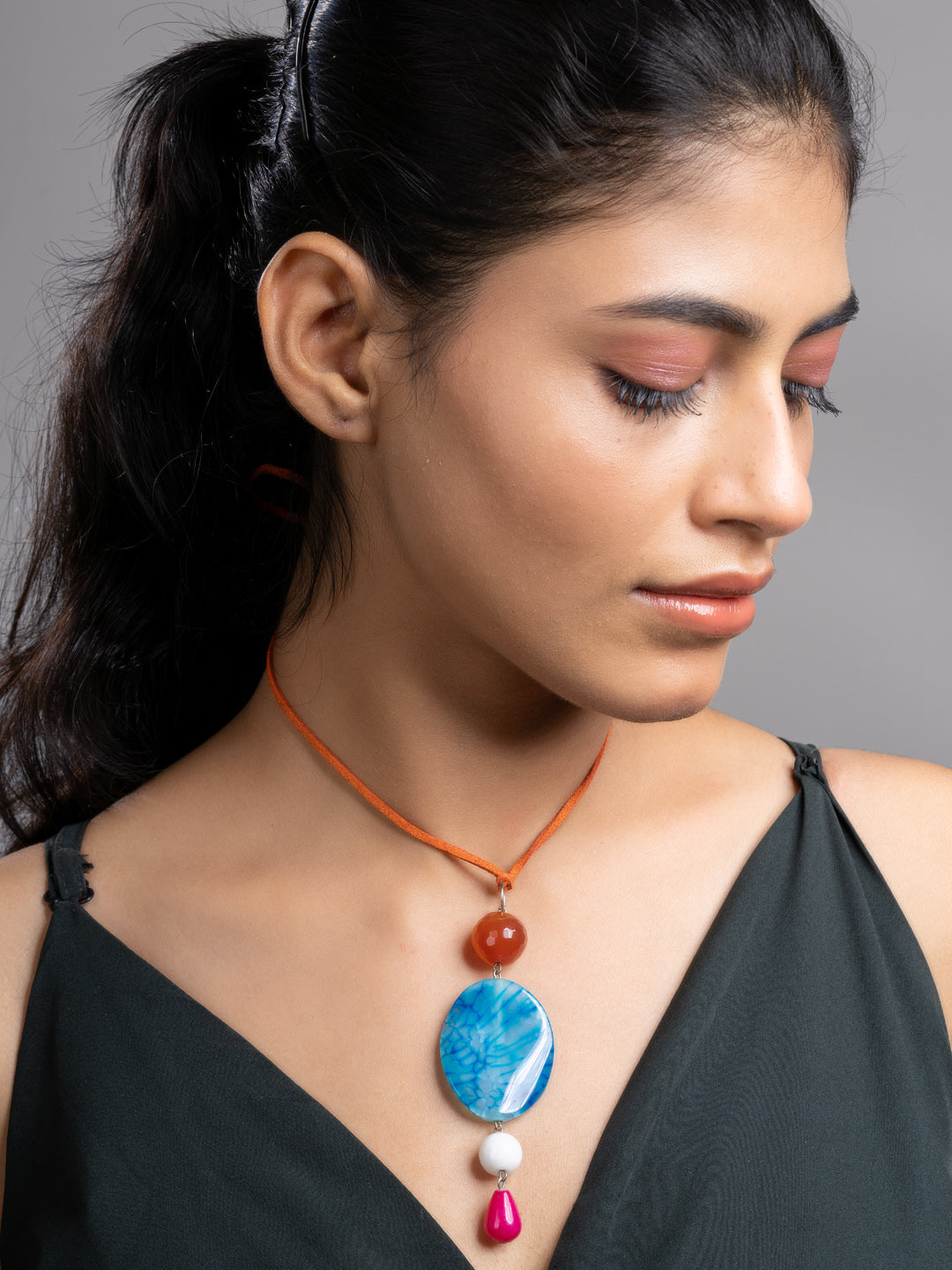 Pink Blue Brown Druzy Onyx Agate  Sleek Necklace With Adjustable Suede Cord LOOK AND ADORN - designed for you