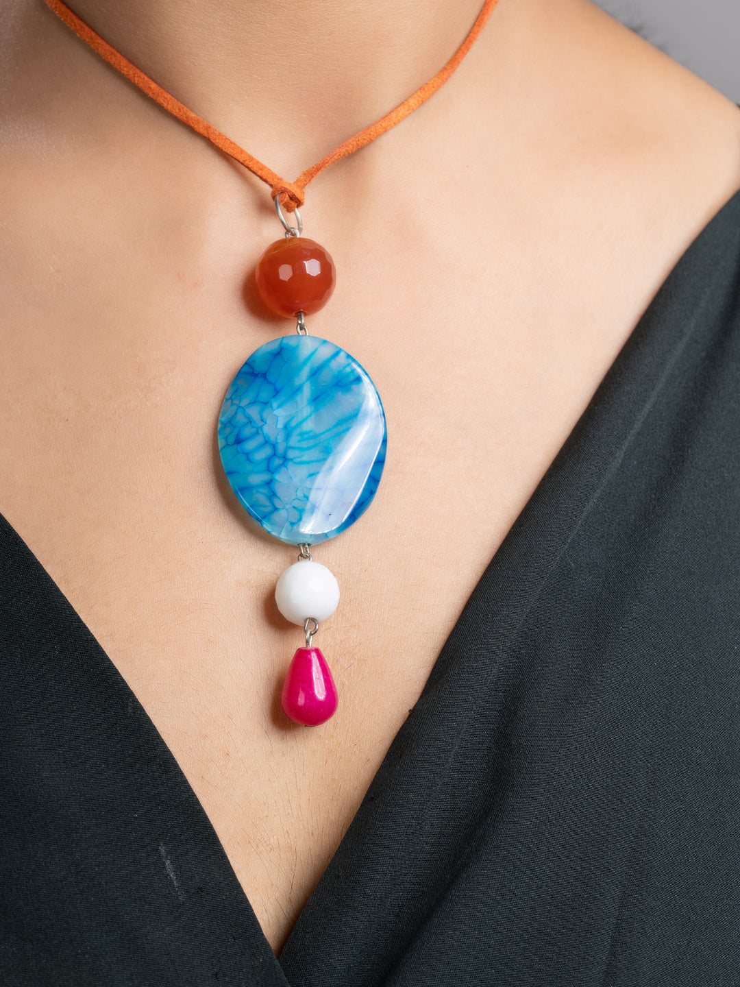 Pink Blue Brown Druzy Onyx Agate  Sleek Necklace With Adjustable Suede Cord