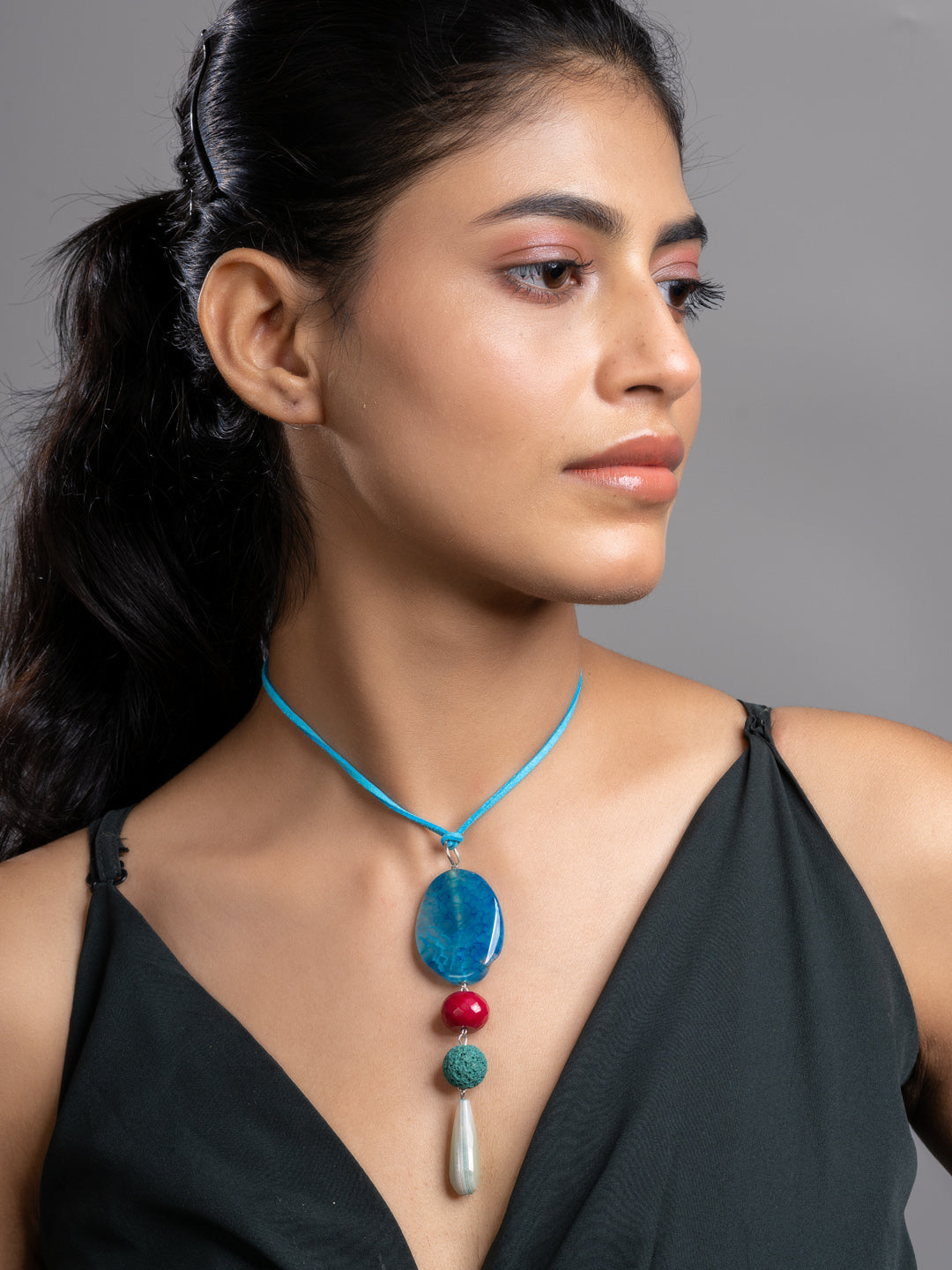 Pink Blue Green Onyx Agate  Lava Sleek Necklace With Adjustable Suede Cord LOOK AND ADORN - designed for you
