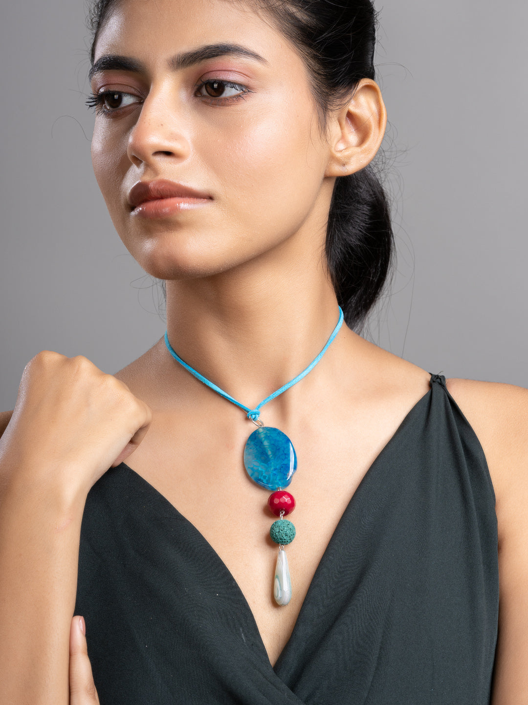 Pink Blue Green Onyx Agate  Lava Sleek Necklace With Adjustable Suede Cord LOOK AND ADORN - designed for you