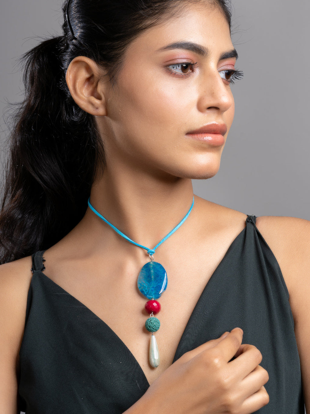 Pink Blue Green Onyx Agate  Lava Sleek Necklace With Adjustable Suede Cord LOOK AND ADORN - designed for you