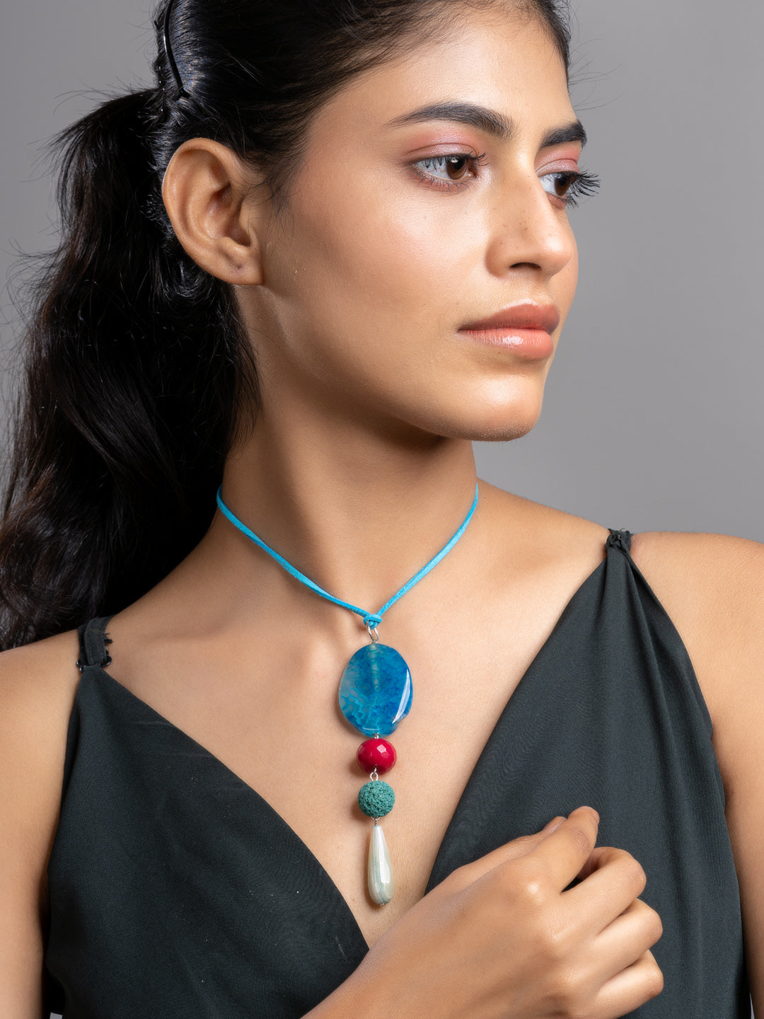 Pink Blue Green Onyx Agate  Lava Sleek Necklace With Adjustable Suede Cord LOOK AND ADORN - designed for you