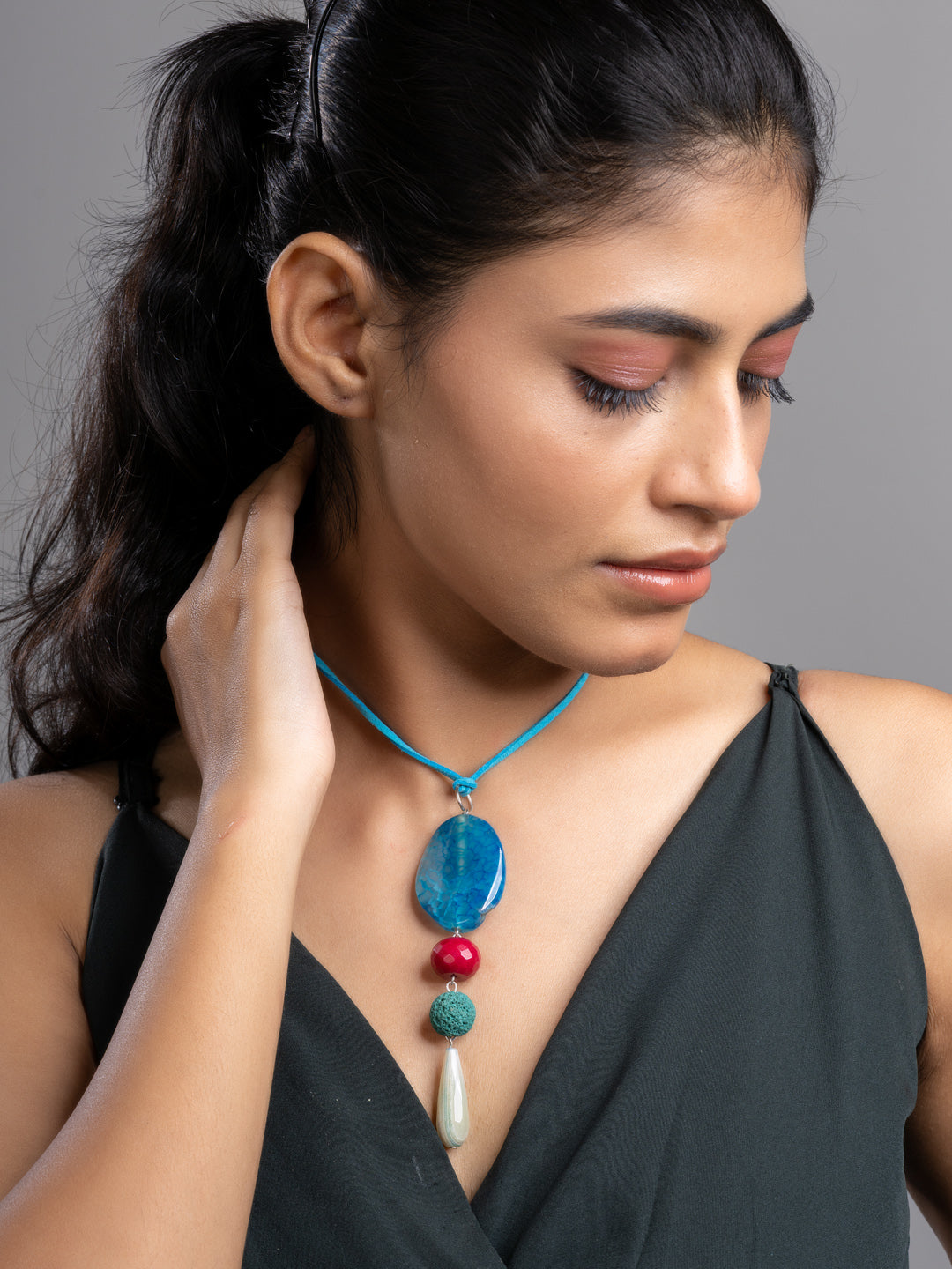 Pink Blue Green Onyx Agate  Lava Sleek Necklace With Adjustable Suede Cord LOOK AND ADORN - designed for you