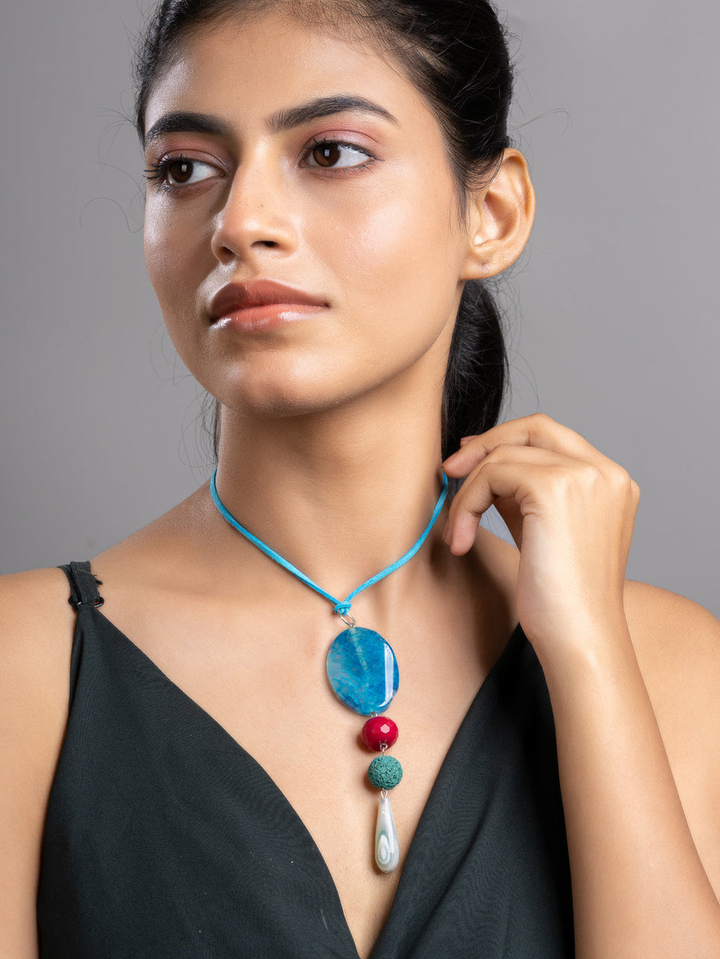Pink Blue Green Onyx Agate  Lava Sleek Necklace With Adjustable Suede Cord LOOK AND ADORN - designed for you