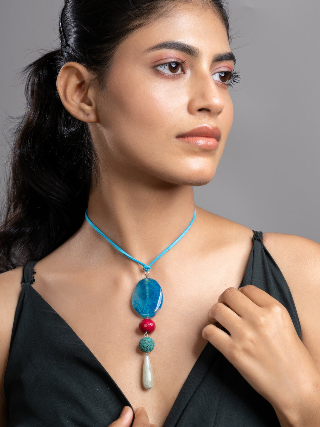 Pink Blue Green Onyx Agate  Lava Sleek Necklace With Adjustable Suede Cord LOOK AND ADORN - designed for you