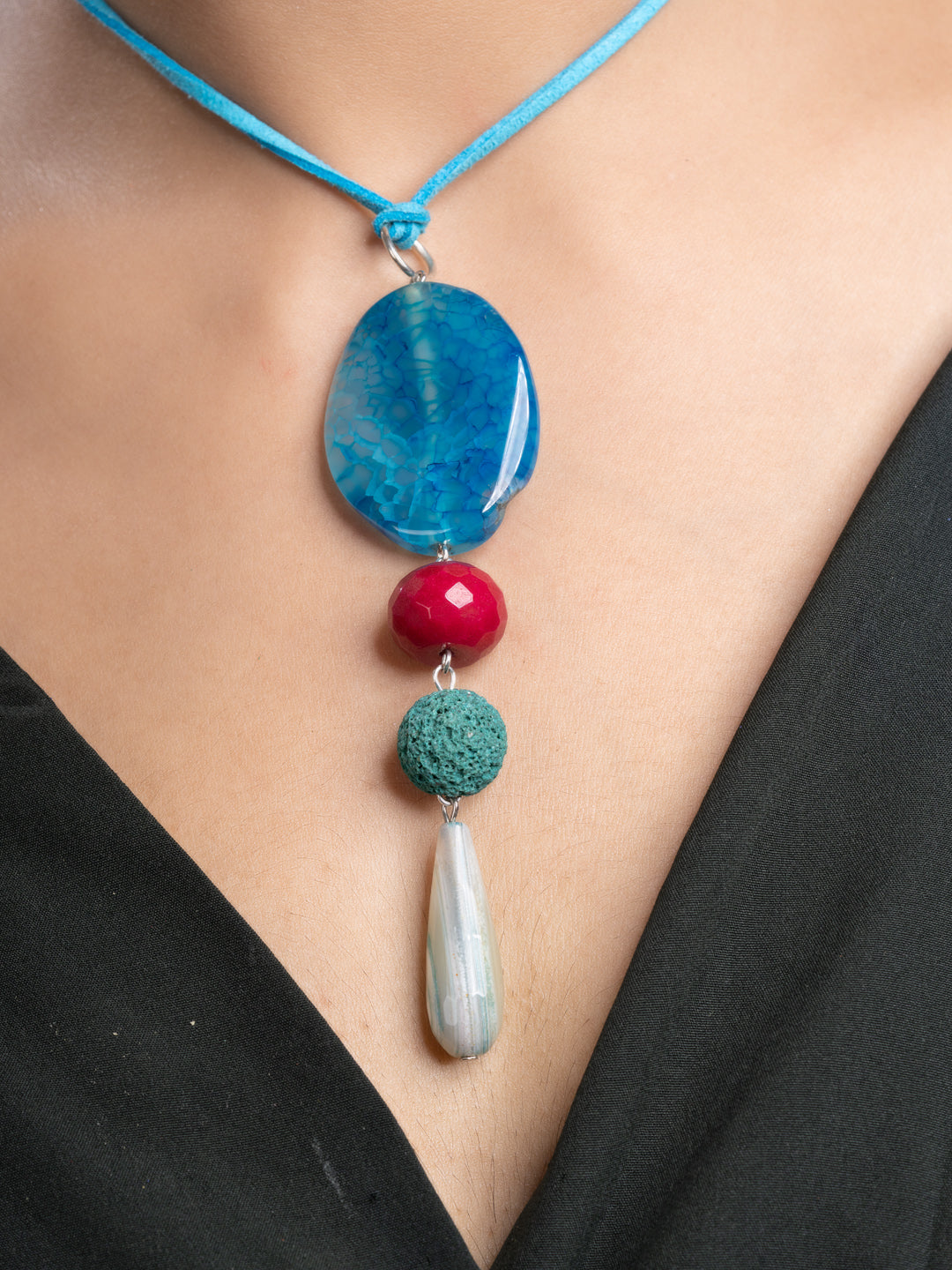 Pink Blue Green Onyx Agate  Lava Sleek Necklace With Adjustable Suede Cord LOOK AND ADORN - designed for you