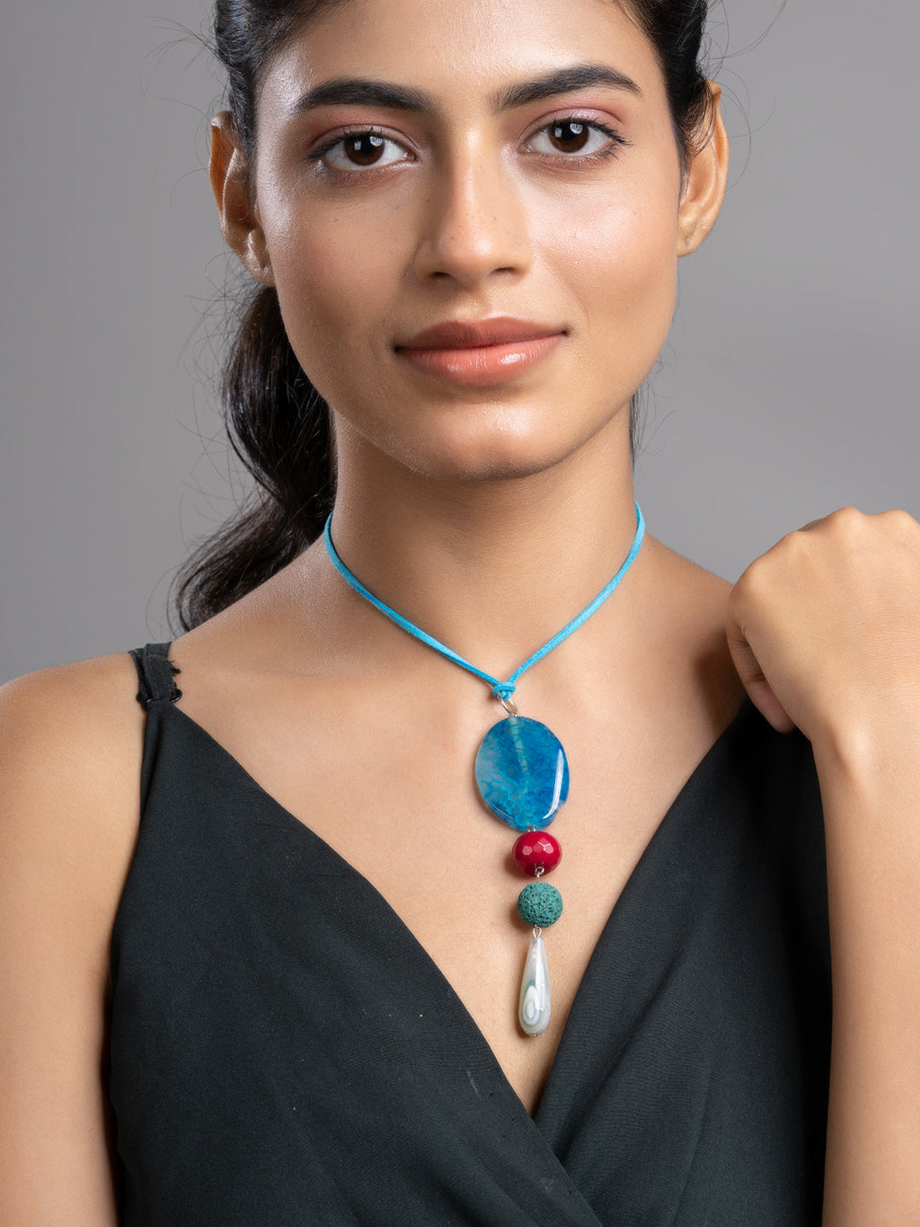 Pink Blue Green Onyx Agate  Lava Sleek Necklace With Adjustable Suede Cord LOOK AND ADORN - designed for you