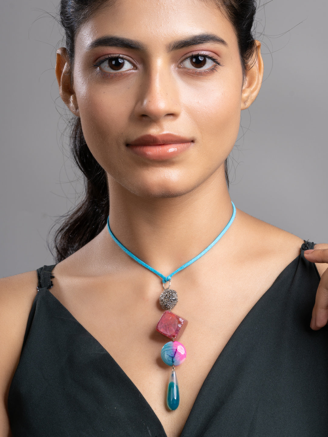 Pink Blue Onyx Agate  Sleek Necklace With Adjustable Suede Cord LOOK AND ADORN - designed for you