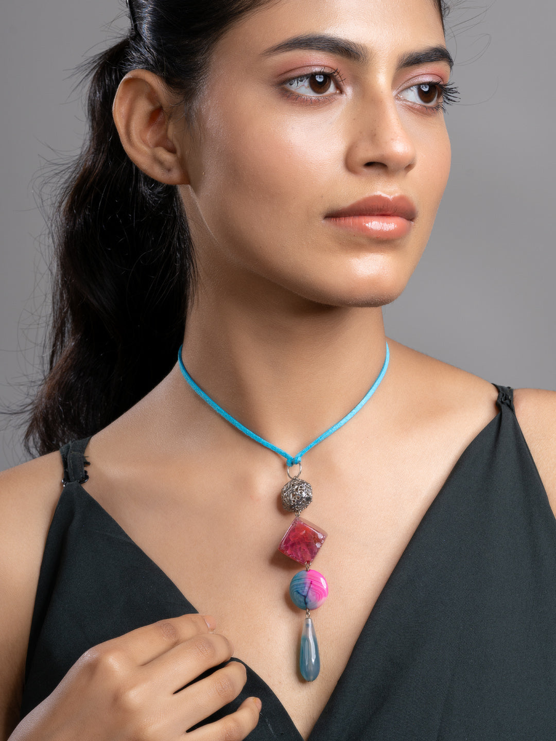 Pink Blue Onyx Agate  Sleek Necklace With Adjustable Suede Cord LOOK AND ADORN - designed for you