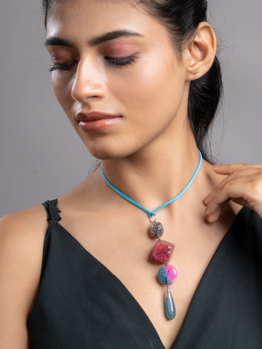 Pink Blue Onyx Agate  Sleek Necklace With Adjustable Suede Cord LOOK AND ADORN - designed for you