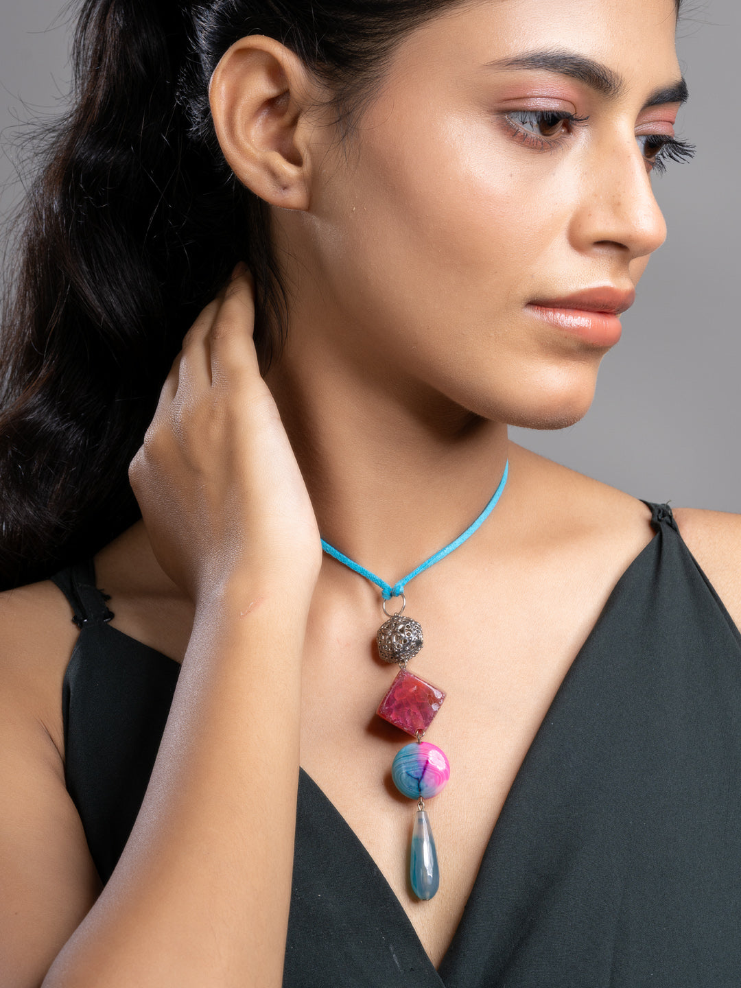 Pink Blue Onyx Agate  Sleek Necklace With Adjustable Suede Cord LOOK AND ADORN - designed for you