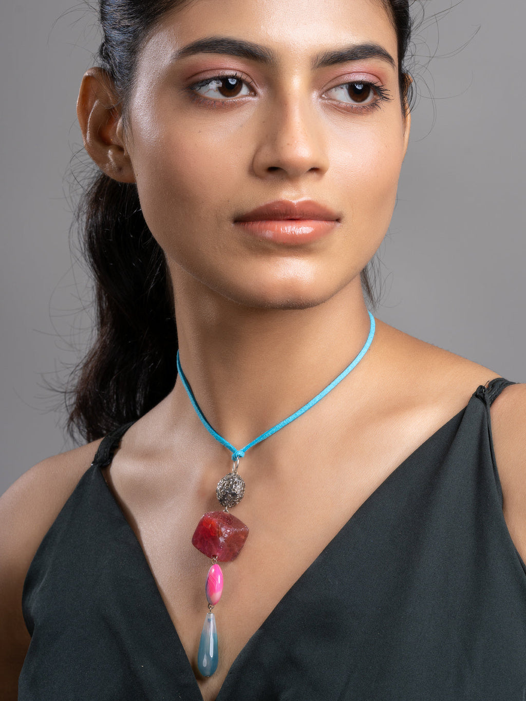 Pink Blue Onyx Agate  Sleek Necklace With Adjustable Suede Cord LOOK AND ADORN - designed for you