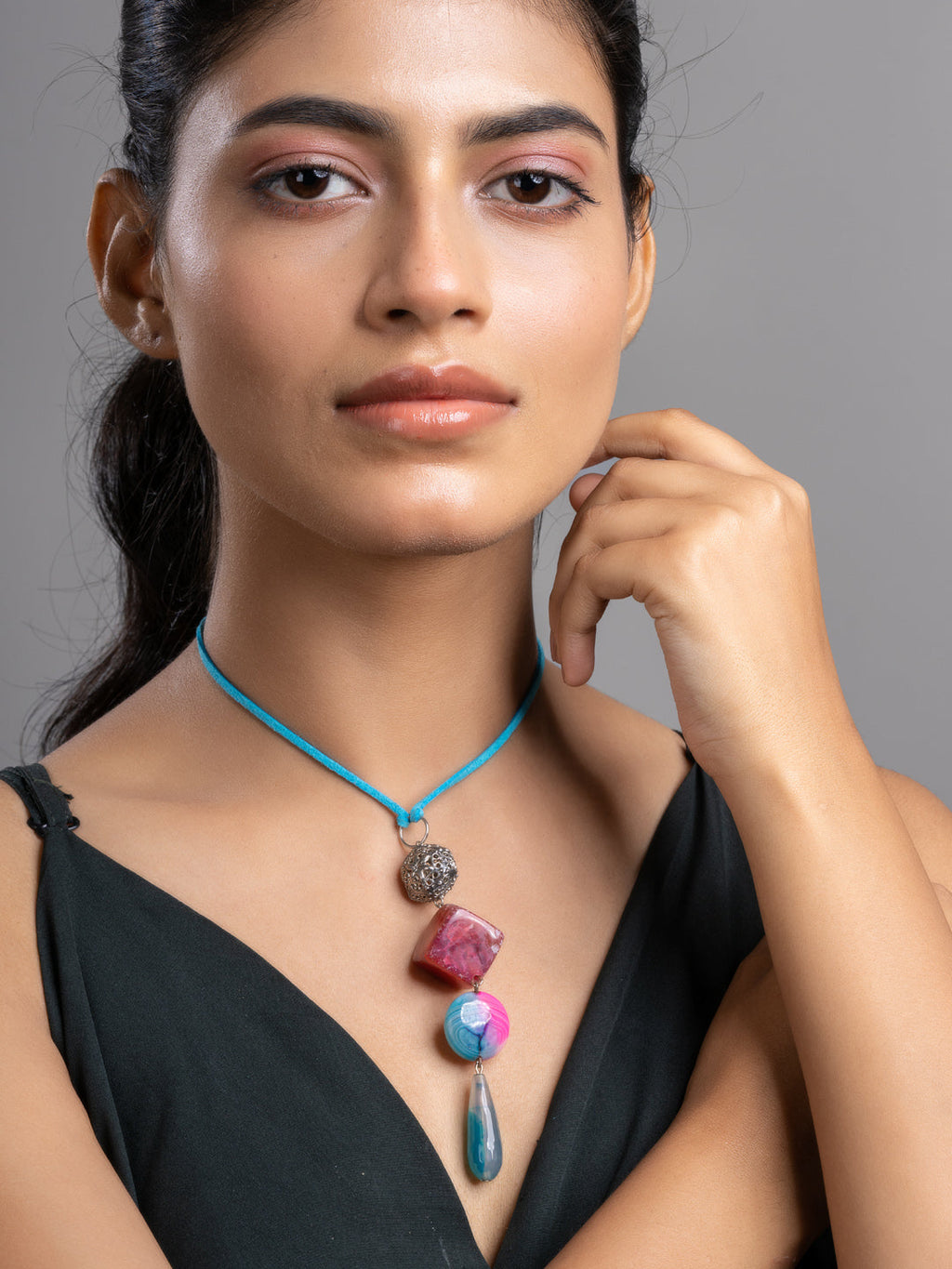 Pink Blue Onyx Agate  Sleek Necklace With Adjustable Suede Cord LOOK AND ADORN - designed for you