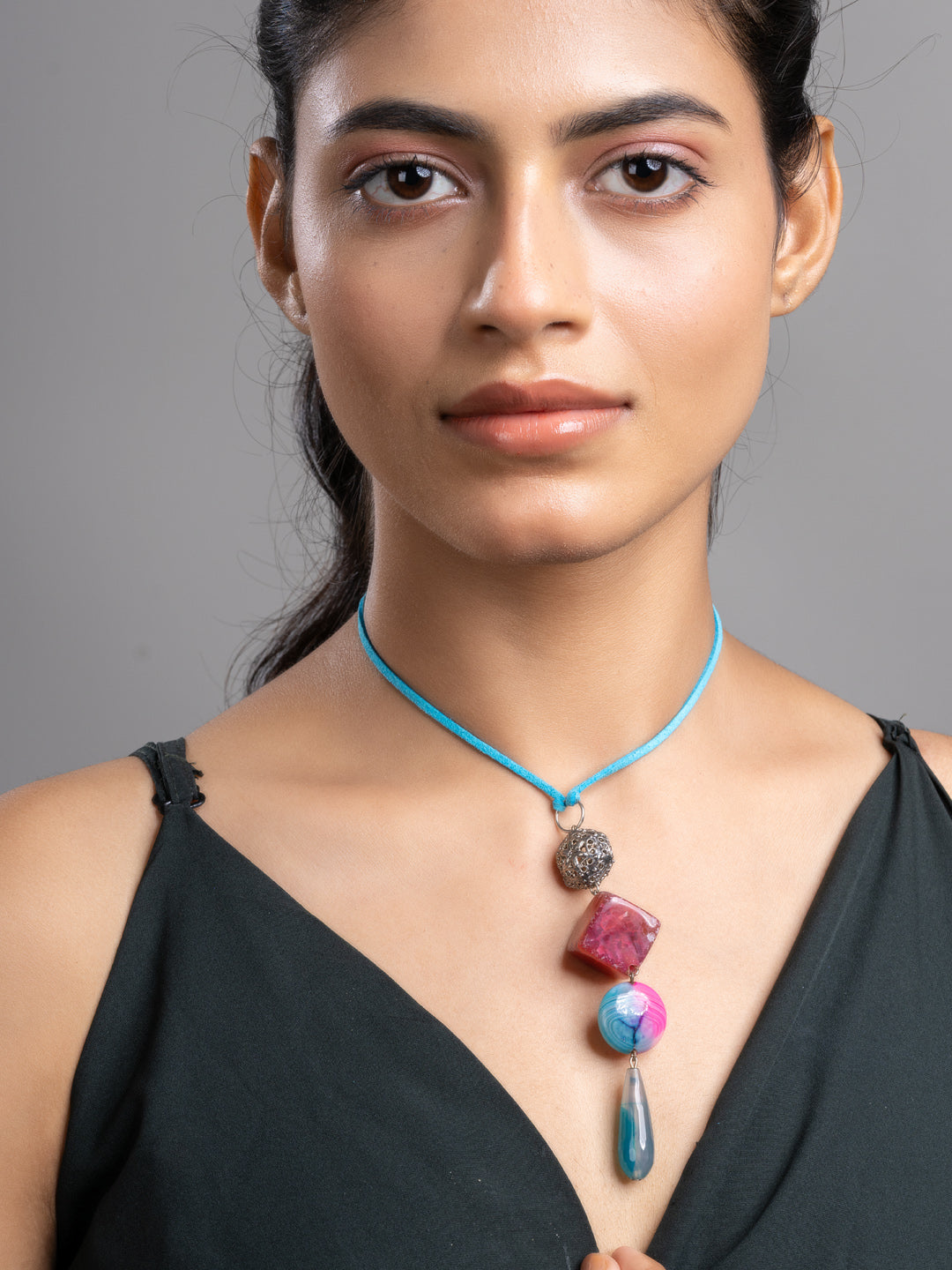 Pink Blue Onyx Agate  Sleek Necklace With Adjustable Suede Cord LOOK AND ADORN - designed for you