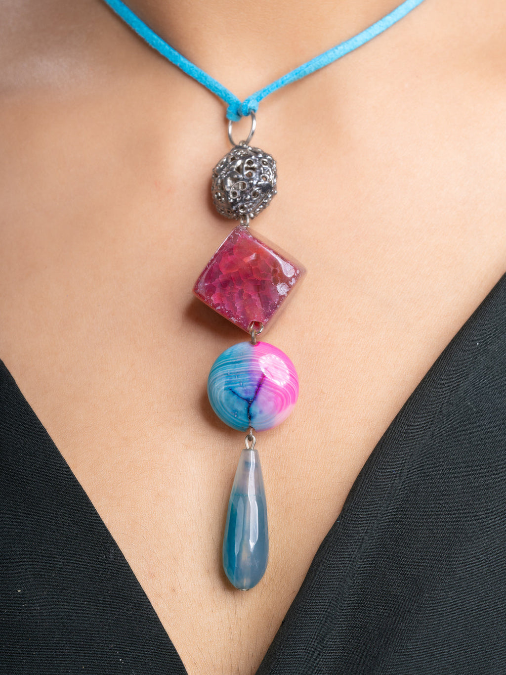 Pink Blue Onyx Agate  Sleek Necklace With Adjustable Suede Cord LOOK AND ADORN - designed for you