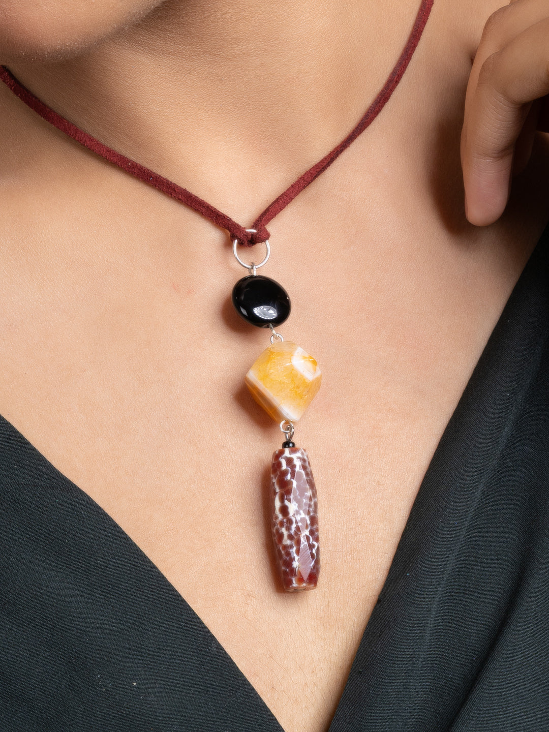 Brown Black Orange Onyx Agate  Sleek Necklace With Adjustable Suede Cord LOOK AND ADORN - designed for you