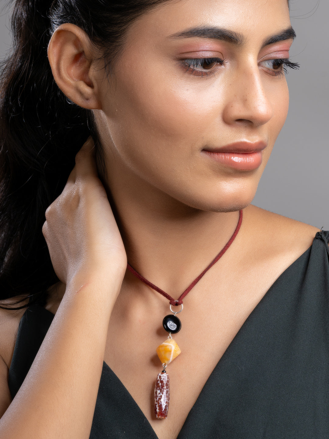 Brown Black Orange Onyx Agate  Sleek Necklace With Adjustable Suede Cord LOOK AND ADORN - designed for you