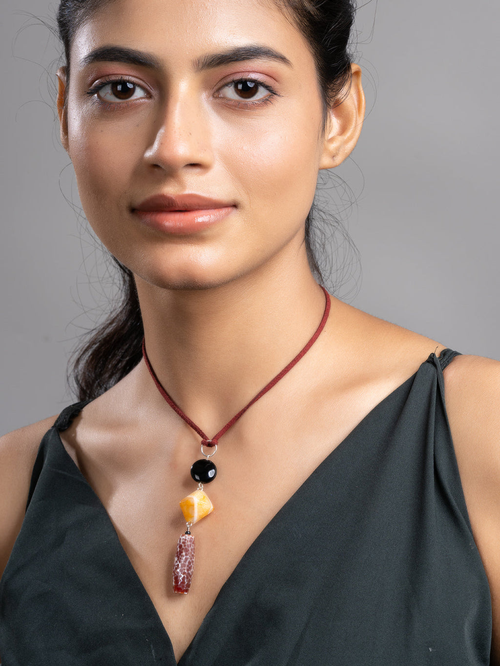 Brown Black Orange Onyx Agate  Sleek Necklace With Adjustable Suede Cord LOOK AND ADORN - designed for you