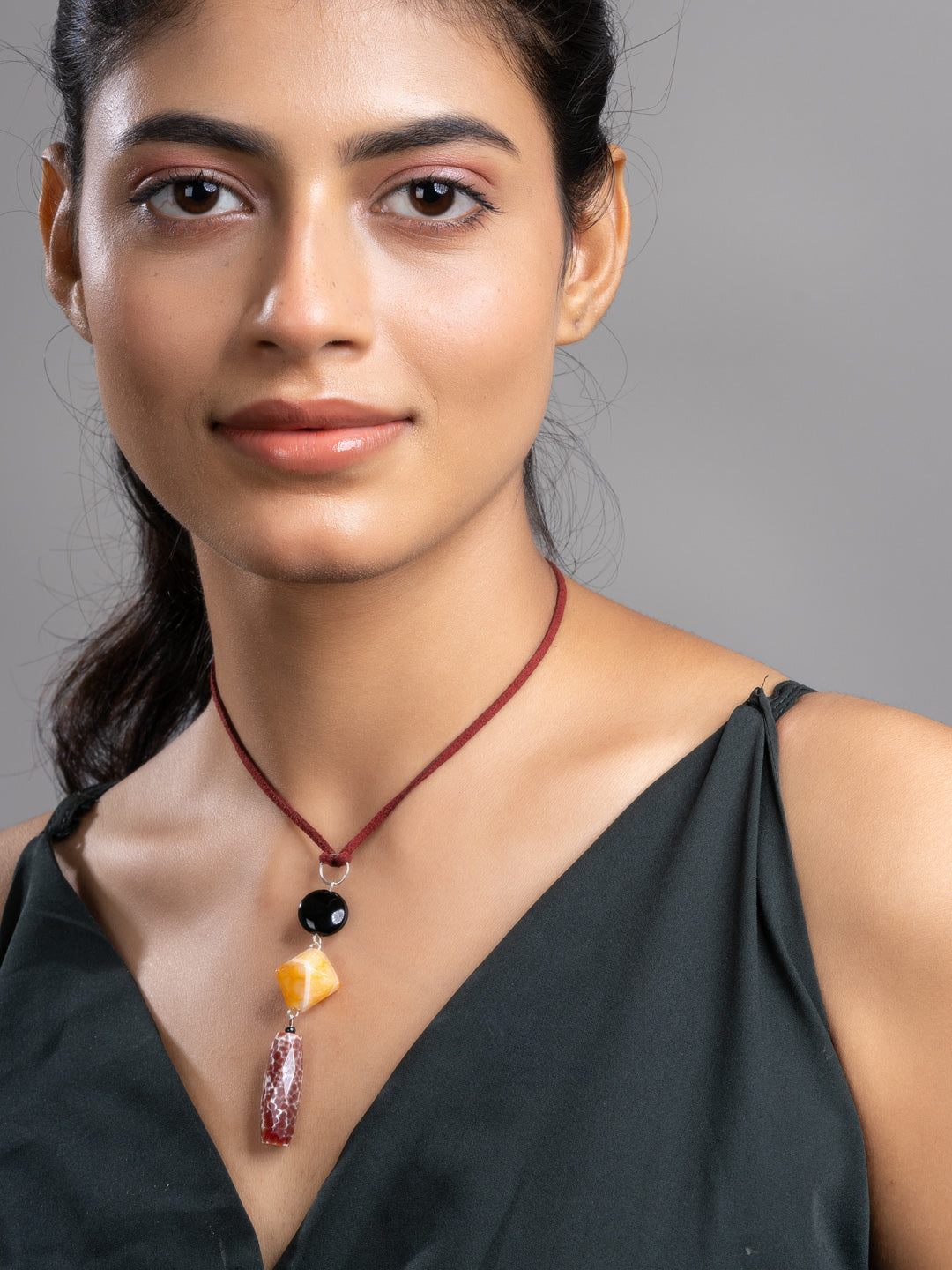 Brown Black Orange Onyx Agate  Sleek Necklace With Adjustable Suede Cord LOOK AND ADORN - designed for you