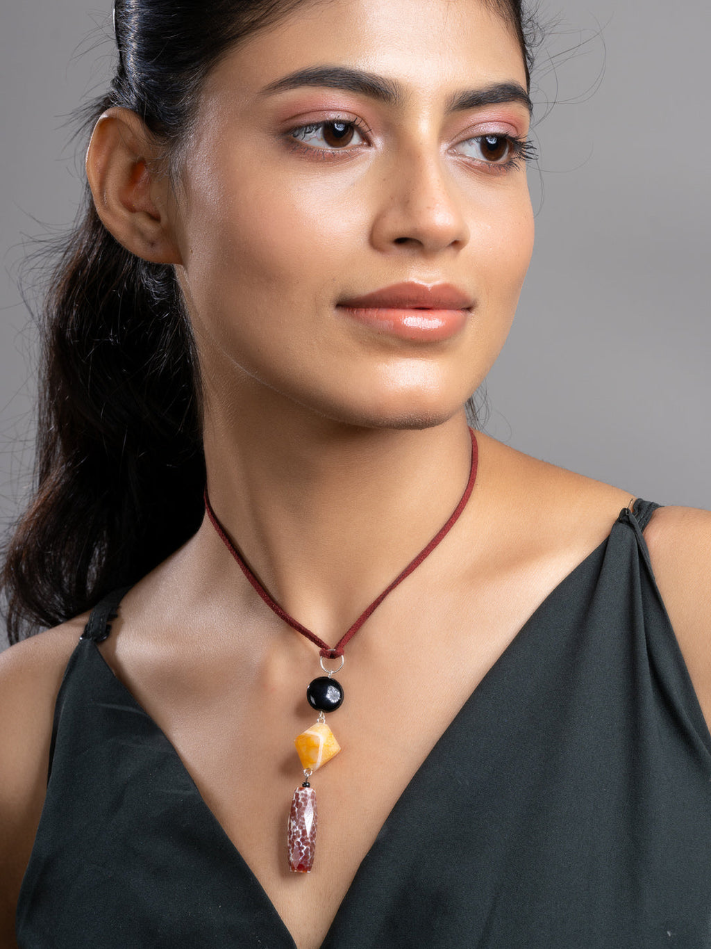 Brown Black Orange Onyx Agate  Sleek Necklace With Adjustable Suede Cord LOOK AND ADORN - designed for you