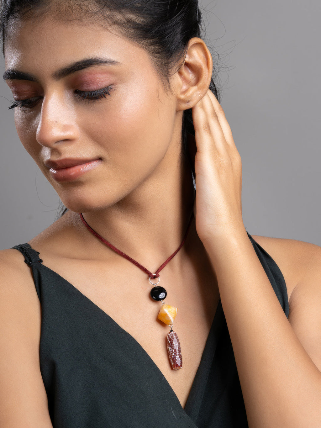 Brown Black Orange Onyx Agate  Sleek Necklace With Adjustable Suede Cord LOOK AND ADORN - designed for you