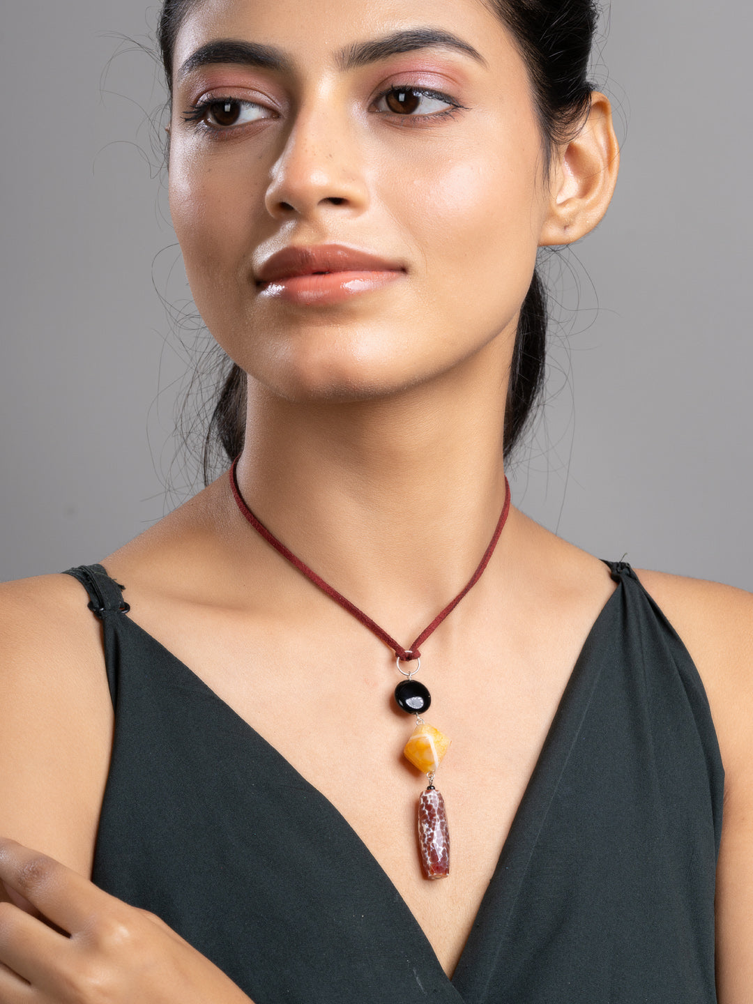 Brown Black Orange Onyx Agate  Sleek Necklace With Adjustable Suede Cord LOOK AND ADORN - designed for you
