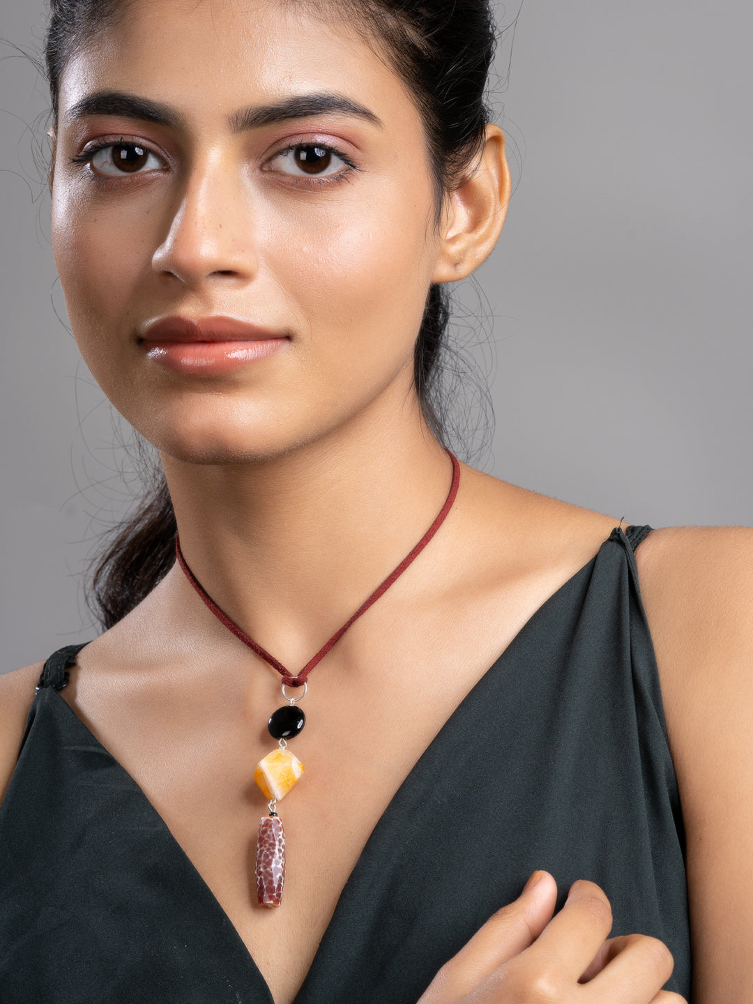 Brown Black Orange Onyx Agate  Sleek Necklace With Adjustable Suede Cord LOOK AND ADORN - designed for you