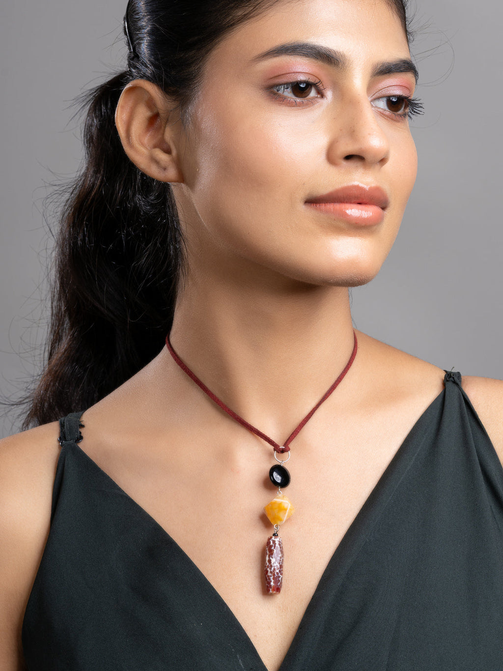 Brown Black Orange Onyx Agate  Sleek Necklace With Adjustable Suede Cord LOOK AND ADORN - designed for you