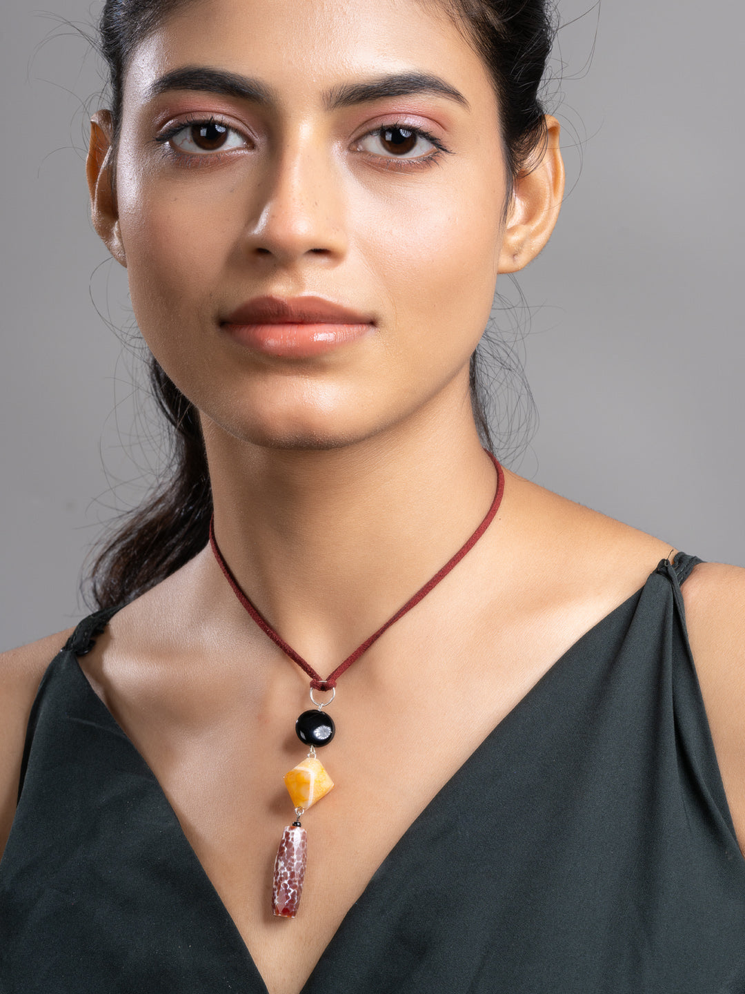 Brown Black Orange Onyx Agate  Sleek Necklace With Adjustable Suede Cord LOOK AND ADORN - designed for you