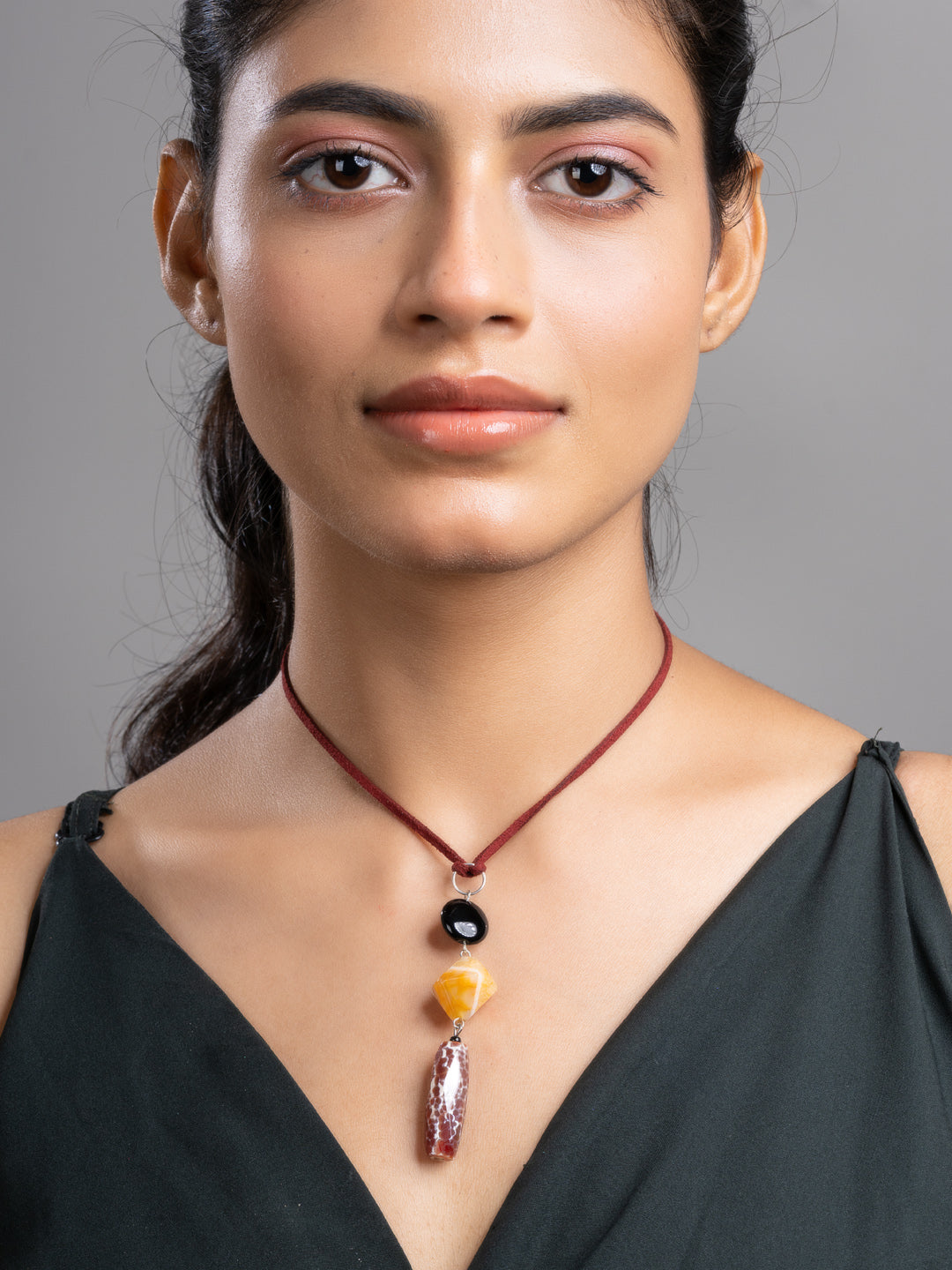 Brown Black Orange Onyx Agate  Sleek Necklace With Adjustable Suede Cord LOOK AND ADORN - designed for you