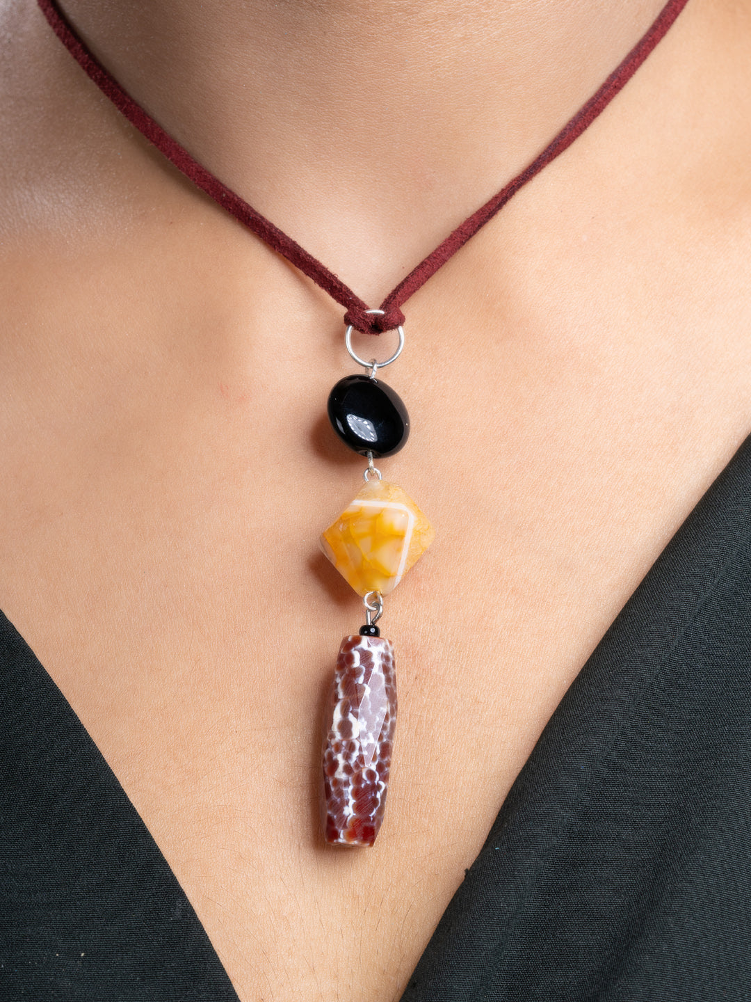 Brown Black Orange Onyx Agate  Sleek Necklace With Adjustable Suede Cord LOOK AND ADORN - designed for you