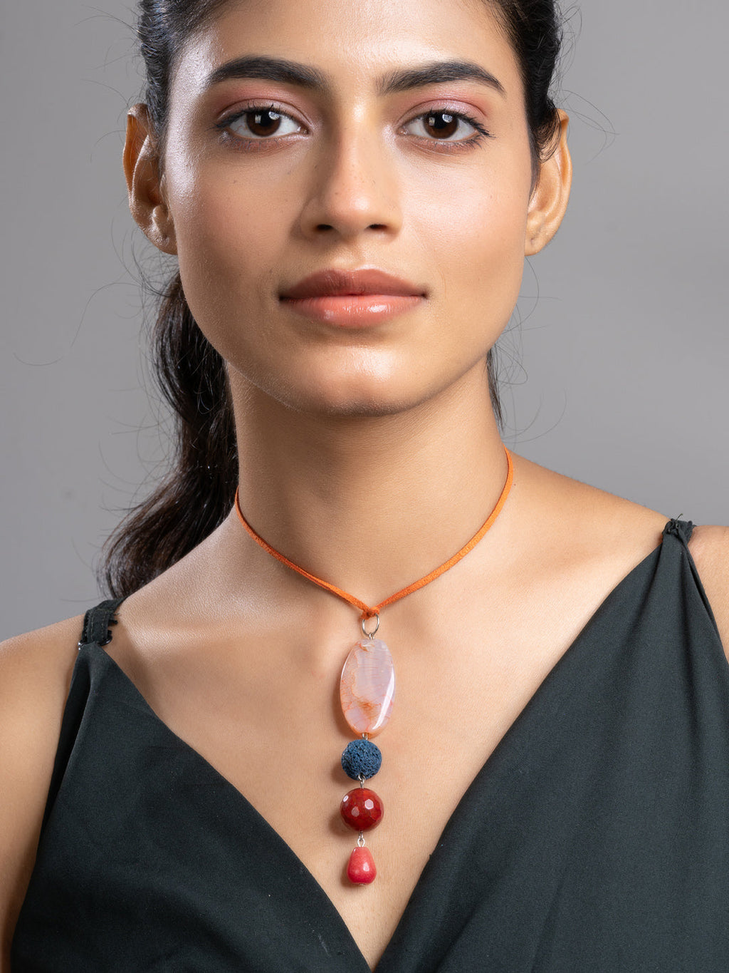 Brown Green Onyx Agate Lava Sleek Necklace With Adjustable Suede Cord LOOK AND ADORN - designed for you