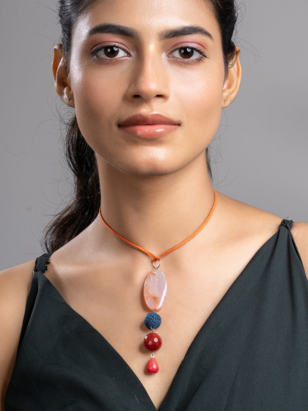 Brown Green Onyx Agate Lava Sleek Necklace With Adjustable Suede Cord