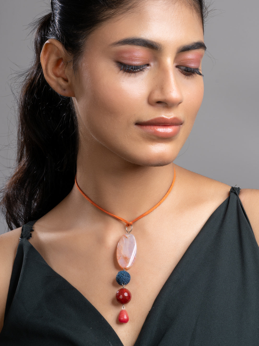 Brown Green Onyx Agate Lava Sleek Necklace With Adjustable Suede Cord