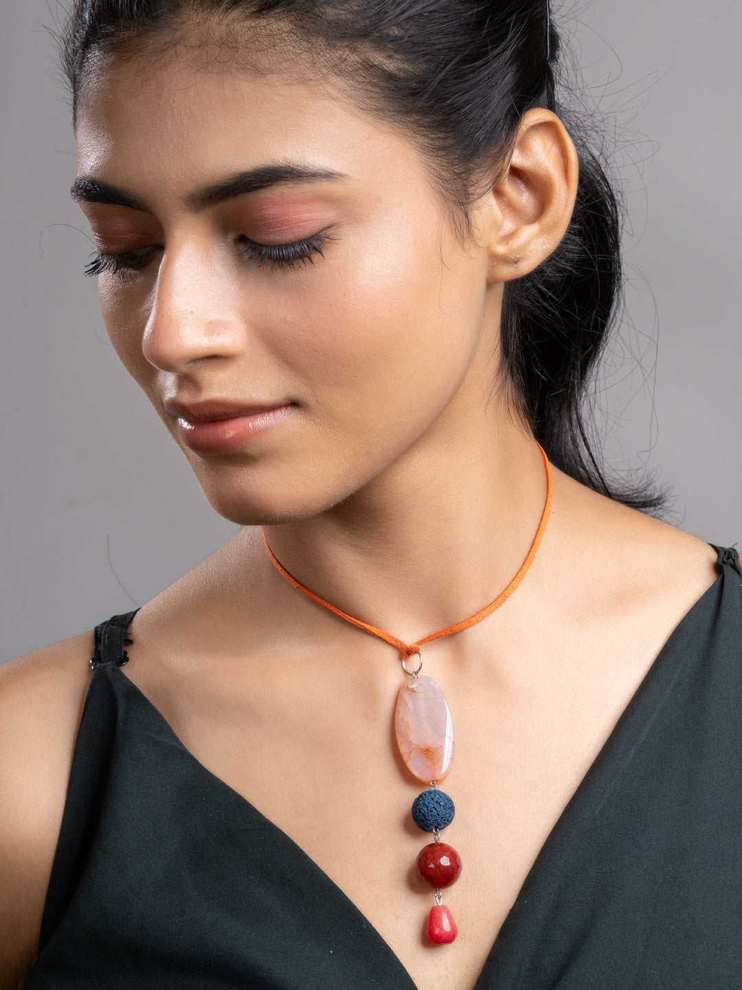 Brown Green Onyx Agate Lava Sleek Necklace With Adjustable Suede Cord