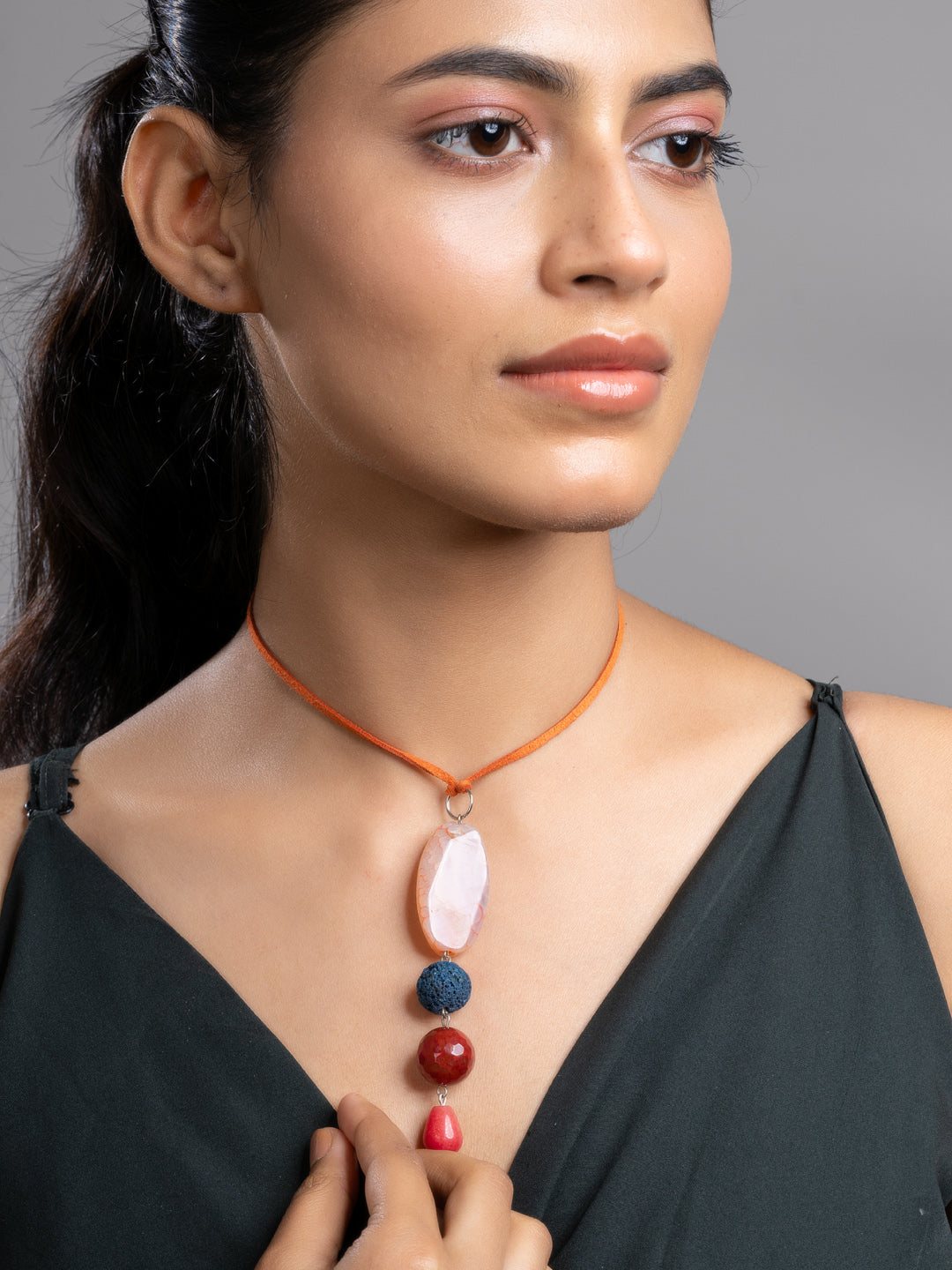 Brown Green Onyx Agate Lava Sleek Necklace With Adjustable Suede Cord